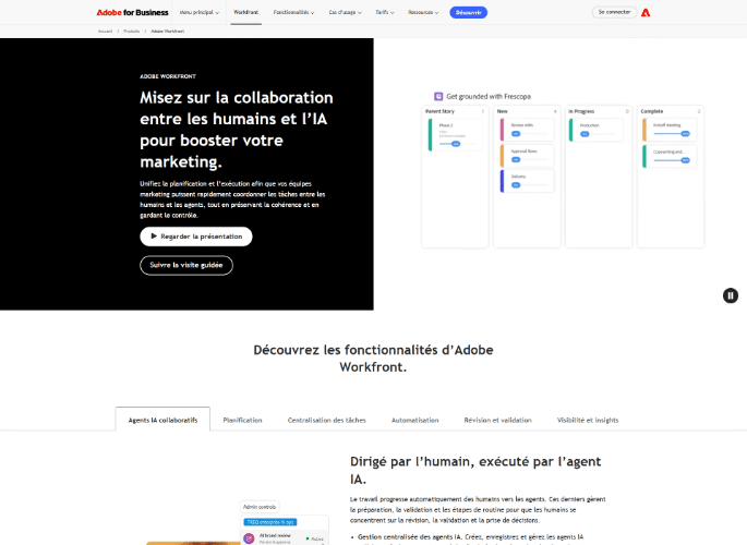 Página de producto de Adobe Workfront, ejecución de marketing dentro del ecosistema de Adobe.