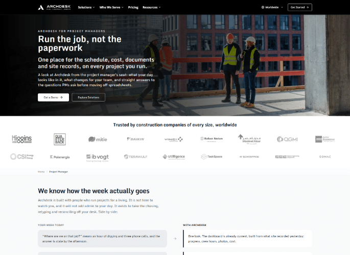 Página del producto Archdesk, gestión de la construcción para contratistas