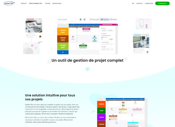 Página del producto Bubble Plan, gestión visual de proyectos al estilo francés.