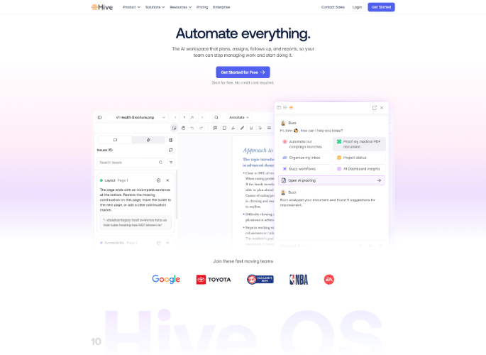 Página de producto de Hive, una plataforma de trabajo con múltiples vistas.