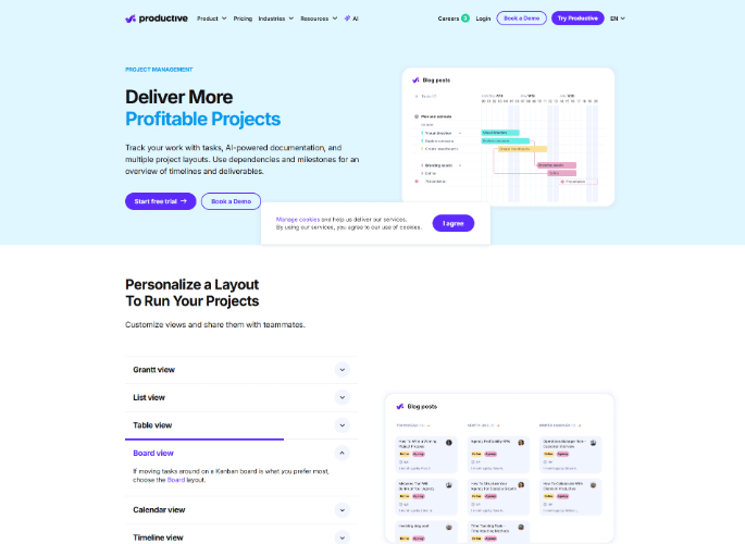 Página de producto de Productive.io, una plataforma para recursos, proyectos y finanzas.